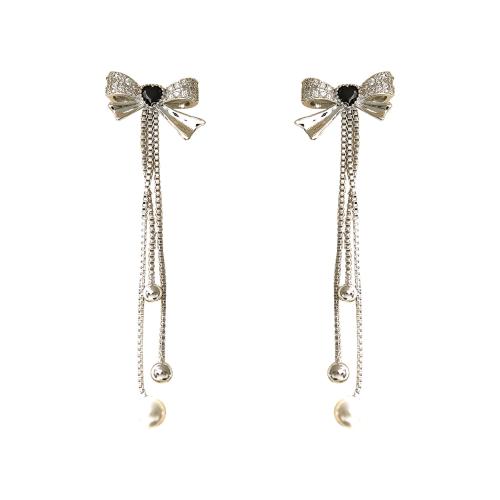 Cubic Zirconia Micro Pave Brass Earring, with Plastic Pearl, Bowknot, plated, micro pave cubic zirconia & for woman, platinum color, 53x14mm, Sold By Pair