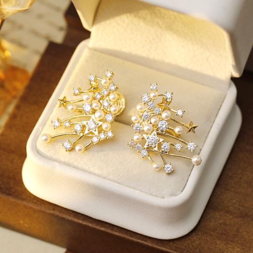 Cubic Zirconia Micro Pave Brass Earring, with Plastic Pearl, plated, micro pave cubic zirconia & for woman, gold, 30x20mm, Sold By Pair