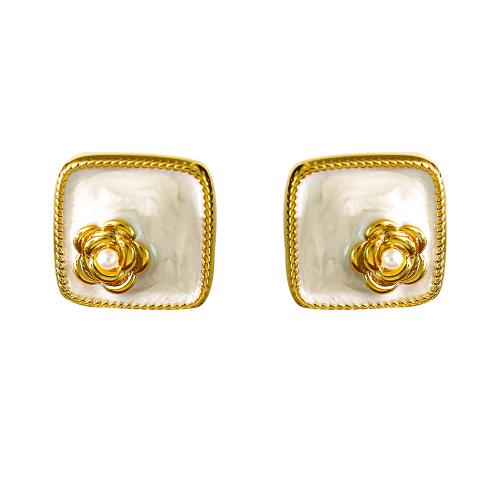 Brass Stud Earring, with Plastic Pearl, petals, plated, for woman & enamel, more colors for choice, 15mm, Sold By Pair