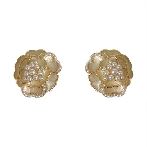 Brass Stud Earring, with Plastic Pearl, petals, plated, for woman & enamel, white, 18mm, Sold By Pair