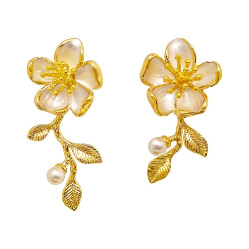 Brass Earring Clip, with Plastic Pearl, petals, plated, for woman & enamel, gold, The long model is 3.1cm wide 1.6cm and the short model is 3.8cm wide 1.6cm, Sold By Pair