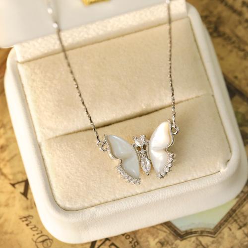 Cubic Zircon Micro Pave Brass Necklace, with Shell, with 5.5CM extender chain, Butterfly, plated, micro pave cubic zirconia & for woman, platinum color, Length:Approx 40 cm, Sold By PC