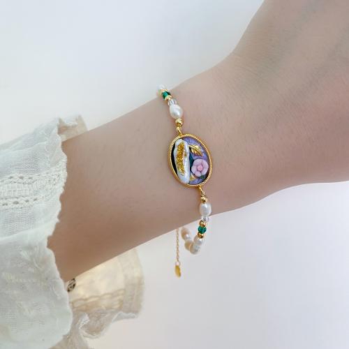 Brass Bracelet & Bangle, with Freshwater Pearl & Crystal, with 5CM extender chain, plated, for woman & enamel, gold, Length:Approx 16 cm, Sold By PC