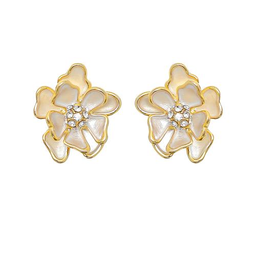 Boucles d'oreilles en laiton zircon cubique pavent, Pétales, Placage, pavé de micro zircon & pour femme & émail, Or, 16x15mm, Vendu par paire