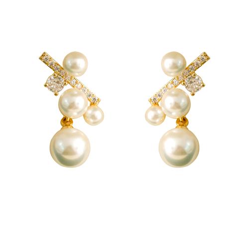 Cubic Zirconia Micro Pave Brass Earring, with Glass Pearl, plated, micro pave cubic zirconia & for woman, gold, 22x9mm, Sold By Pair