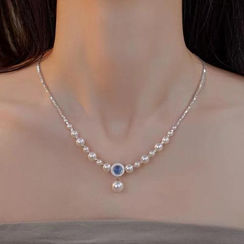 Brass Necklace, with Aquamarine & Glass Pearl, with 5CM extender chain, plated, for woman, silver color, Length:Approx 43 cm, Sold By PC