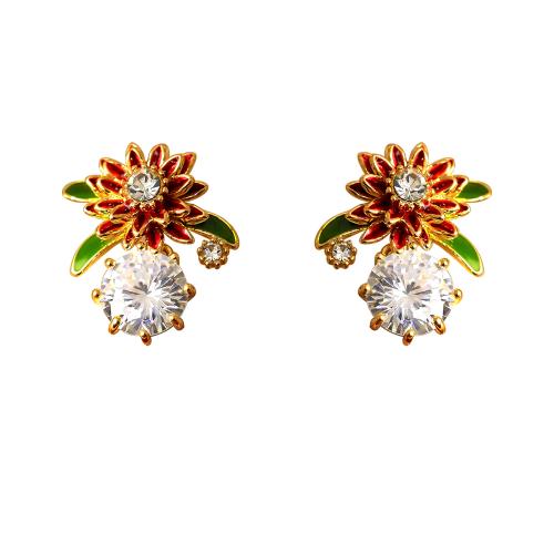 Boucles d'oreilles en laiton zircon cubique pavent, Pétales, Placage, pavé de micro zircon & pour femme & émail, Or, 20x16mm, Vendu par paire