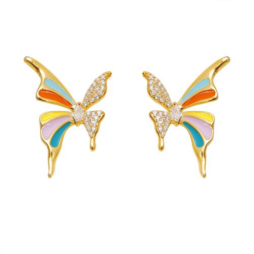 Boucles d'oreilles en laiton zircon cubique pavent, papillon, Placage, pavé de micro zircon & pour femme & émail, Or, 23x17mm, Vendu par paire