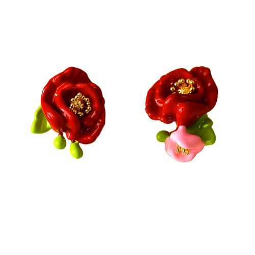 Brass Stud Earring, Rose, plated, for woman & enamel, red, 23mm, Sold By Pair