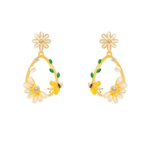 Boucles d'oreilles en laiton zircon cubique pavent, avec perle de verre, Placage, pavé de micro zircon & pour femme & émail, Or, 35x17mm, Vendu par paire