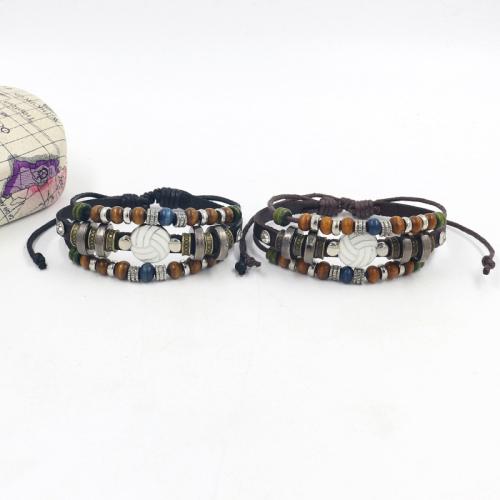 alliage de zinc bracelet, avec cuir de peau de vache & corde de cire & bois, Volley-ball, multicouche & style folk & unisexe, plus de couleurs à choisir, Longueur:Environ 18.5 cm, Vendu par PC