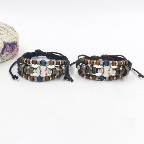 Tibetan Style Bracelet, with Cowhide & Wax Cord & Wood, Baseball, multilayer & folk style & Unisex, more colors for choice, Length:Approx 18.5 cm, Sold By PC