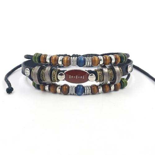 alliage de zinc bracelet, avec cuir de peau de vache & corde de cire & bois, Ballon de rugby, multicouche & style folk & unisexe, plus de couleurs à choisir, Longueur:Environ 18.5 cm, Vendu par PC