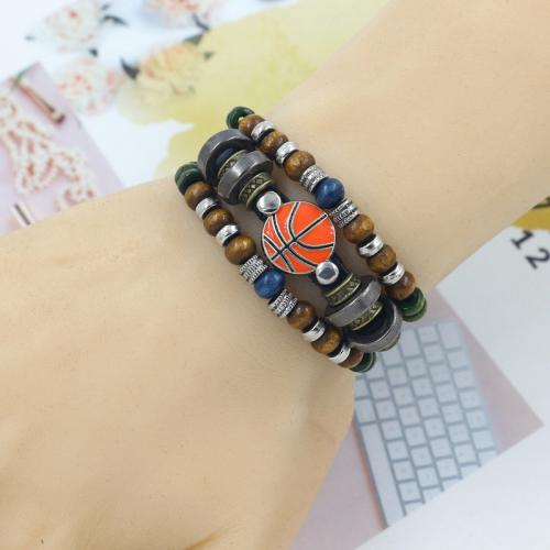 Tibetan Style Bracelet, with Cowhide & Wax Cord & Wood, Basketball, plated, multilayer & punk style & Unisex & enamel, more colors for choice, Length:Approx 18.5 cm, Sold By PC