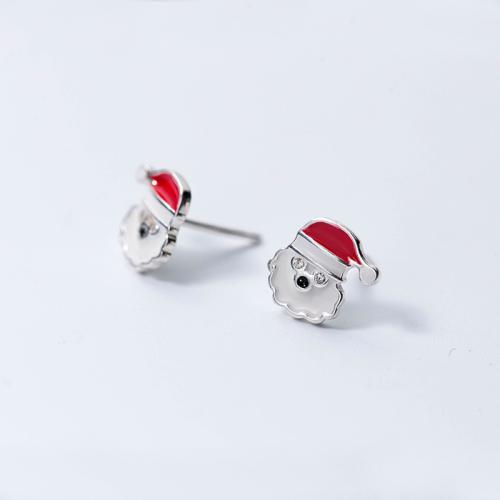 925 Sterling Silver Stud Earring, Santa Claus, Christmas jewelry & for woman & enamel & with rhinestone, 9x9mm, Sold By Pair