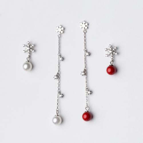 Argent sterling 925 Boucles d'oreilles asymétriques, avec Shell Pearl, flocon de neige, Bijoux de Noël & pour femme & avec strass, plus de couleurs à choisir, earring length 19-63mm, Vendu par paire