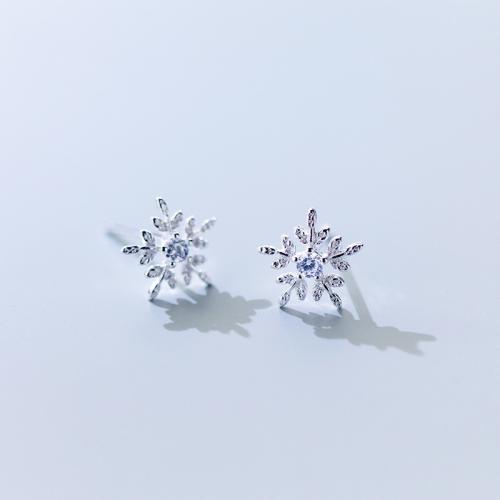 925 Sterling Silver Stud Earring, Snowflake, Christmas jewelry & for woman & with rhinestone, 9mm, Sold By Pair