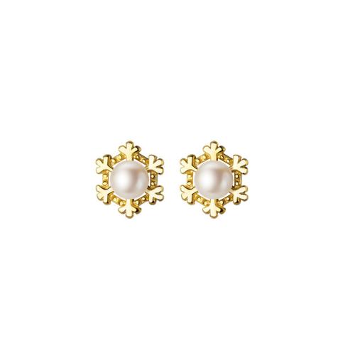 925 Sterling Silver Stud Earring, with Plastic Pearl, Snowflake, Christmas jewelry & for woman, more colors for choice, 5.50mm, Sold By Pair