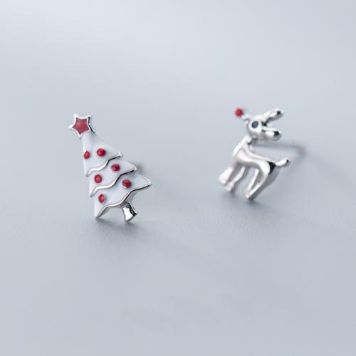 925 Sterling Silver Asymmetric Stud Earrings, Christmas Tree, Christmas jewelry & for woman & enamel, left earring size 7x12mm, right earring size 8x10mm, Sold By Pair