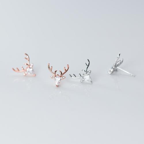 925 Sterling Silver Stud Earring, Christmas Reindeer, Christmas jewelry & for woman & with rhinestone, more colors for choice, 11x11mm, Sold By Pair