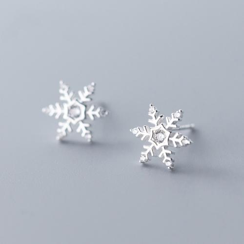 925 Sterling Silver Stud Earring, Snowflake, Christmas jewelry & for woman & with rhinestone, 10x10mm, Sold By Pair