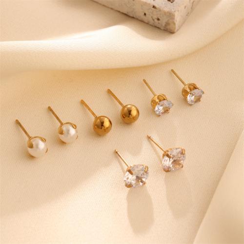 Titanium Steel  Earring, with Plastic Pearl, 18K gold plated, fashion jewelry & different styles for choice & for woman & with rhinestone, golden, Sold By Pair