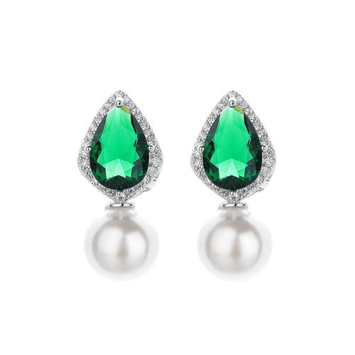 Cubic Zirconia Micro Pave Brass Earring, with Plastic Pearl, fashion jewelry & micro pave cubic zirconia & for woman, green, 29x13mm, Sold By Pair