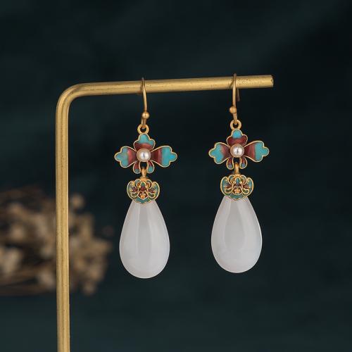 Brass Drop Earring, with Jade, fashion jewelry & for woman & enamel, 46mm, Sold By Pair