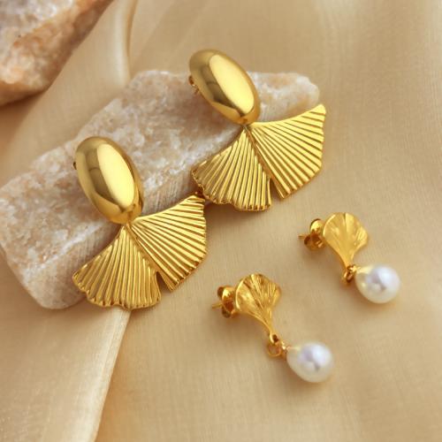 Stainless Steel Drop Earring, 304 Stainless Steel, with Plastic Pearl, Ginkgo Leaf, fashion jewelry & different styles for choice & for woman, golden, Sold By Pair