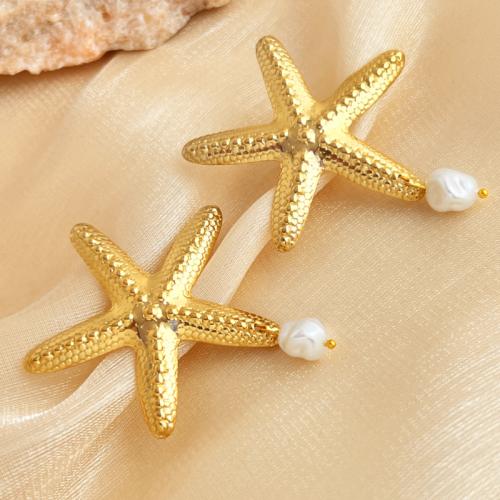 Stainless Steel Stud Earrings, 304 Stainless Steel, with Plastic Pearl, Starfish, fashion jewelry & for woman, golden, 59x50mm, Sold By Pair