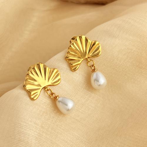 Stainless Steel Drop Earring, 304 Stainless Steel, with Plastic Pearl, Ginkgo Leaf, fashion jewelry & for woman, golden, 19x29mm, Sold By Pair