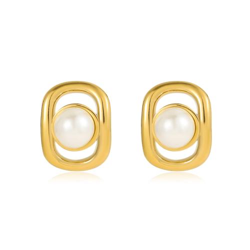 Stainless Steel Stud Earrings, 304 Stainless Steel, with Plastic Pearl, fashion jewelry & for woman, golden, 17.30x22mm, Sold By Pair