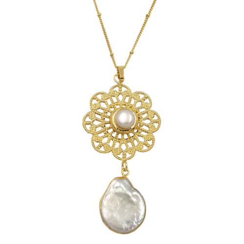 Brass Necklace, with Freshwater Pearl, with 2 Inch extender chain, Flower, gold color plated, fashion jewelry & for woman, nickel, lead & cadmium free, 37x80mm, Length:Approx 18 Inch, Sold By PC