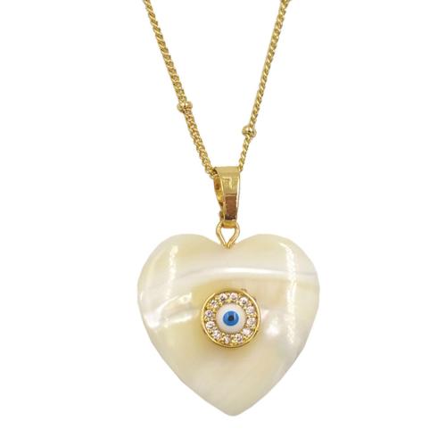 Brass Necklace, with Shell, with 2 Inch extender chain, Heart, gold color plated, fashion jewelry & micro pave cubic zirconia & for woman, more colors for choice, nickel, lead & cadmium free, 25x25mm, Length:Approx 18 Inch, Sold By PC