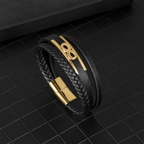 PU Leather Cord Bracelets, 304 Stainless Steel, with PU Leather, gold color plated, for man, black, Length:21 cm, Sold By PC