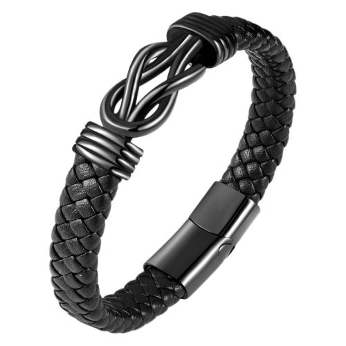 Bracelets cordon PU, Acier inoxydable 304, avec cuir PU, Placage, pour homme, noire, Longueur:21 cm, Vendu par PC