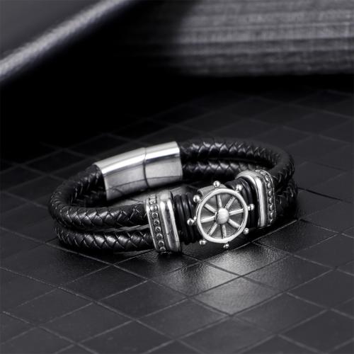 PU Leather Cord Bracelets, 304 Stainless Steel, with Magnet & PU Leather, Ship Wheel, silver color plated, for man, black, Length:21 cm, Sold By PC