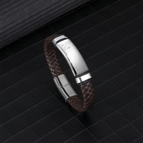 PU Leather Cord Bracelets, 304 Stainless Steel, with PU Leather, silver color plated, for man, brown, Length:21 cm, Sold By PC