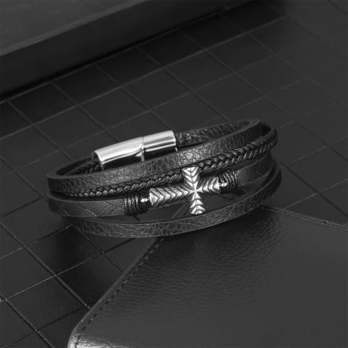 PU Leather Cord Bracelets, 304 Stainless Steel, with PU Leather, silver color plated, multilayer & for man, black, Sold By PC