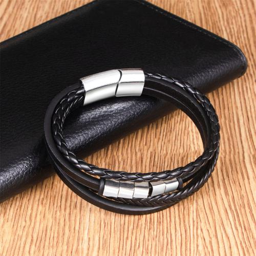 PU Leather Cord Bracelets, Tibetan Style, with Magnet & PU Leather, silver color plated, multilayer & for man, black, nickel, lead & cadmium free, Length:21 cm, Sold By PC