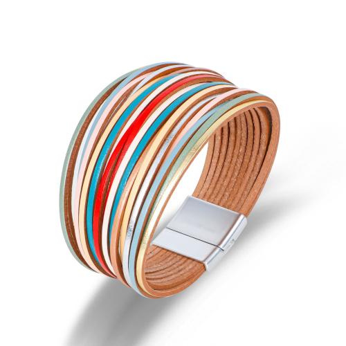 Bracelets cordon PU, Acier inoxydable 304, avec Aimant & cuir PU, Placage de couleur argentée, multicouche & pour femme, multicolore, protéger l'environnement, sans nickel, plomb et cadmium, Longueur:19.5 cm, Vendu par PC