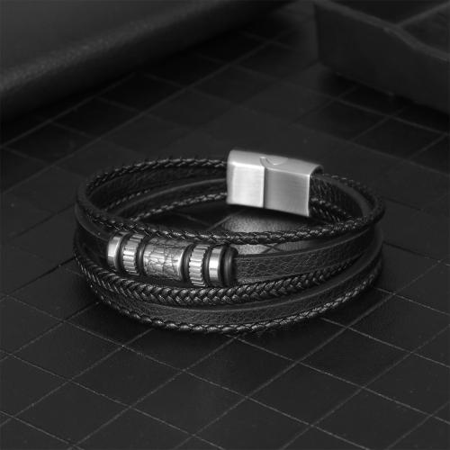 Pulseras de Cordón de PU, acero inoxidable 304, con Cuero de PU, chapado en color de plata, multicapa & para hombre, Negro, libre de níquel, plomo & cadmio, longitud:21 cm, Vendido por UD