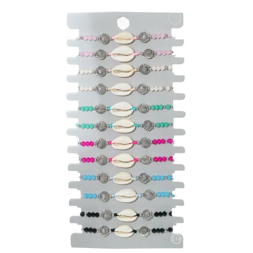 Bracelet bijoux coquillage, alliage de zinc, avec Cordon de noeud & Seedbead & coquille, Placage de couleur argentée, Réglable & pour femme, multicolore, protéger l'environnement, sans nickel, plomb et cadmium, Longueur:29 cm, 12PC/fixé, Vendu par fixé