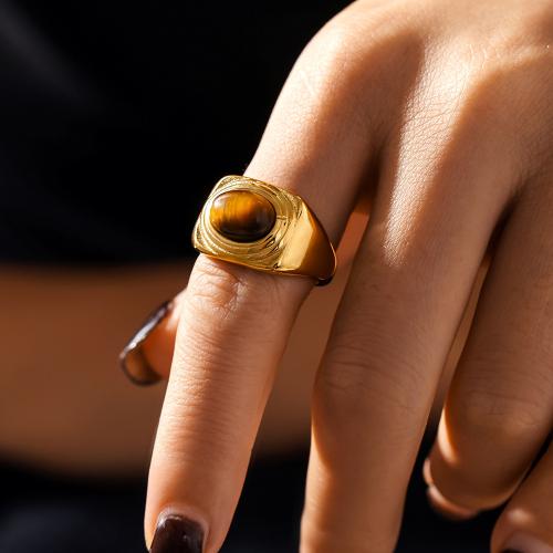 Stainless Steel Finger Ring, 304 Stainless Steel, with Tiger Eye, plated, for woman, more colors for choice, Sold By PC