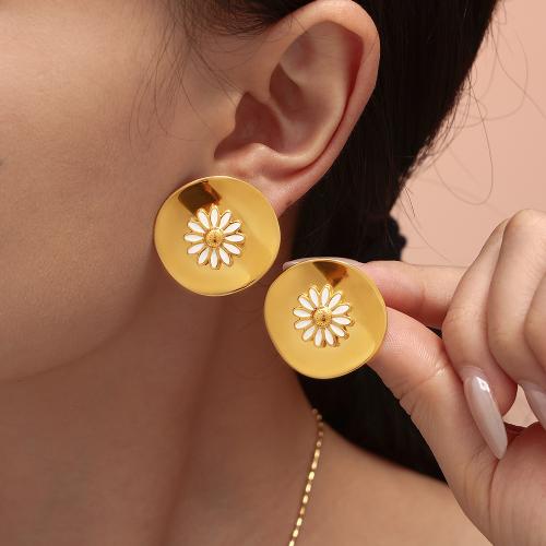 Ensemble de bijoux émaillés en acier inoxydable, Boucle d’oreille stud & bague, anneau, Acier inoxydable 304, fleur, Placage de couleur d'or, styles différents pour le choix & pour femme, plus de couleurs à choisir, Vendu par PC