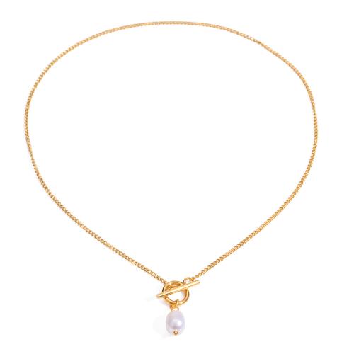 Stainless Steel Jewelry Necklace, 304 Stainless Steel, with Plastic Pearl, 18K gold plated, fashion jewelry & for woman, Length:16.5 Inch, Sold By PC