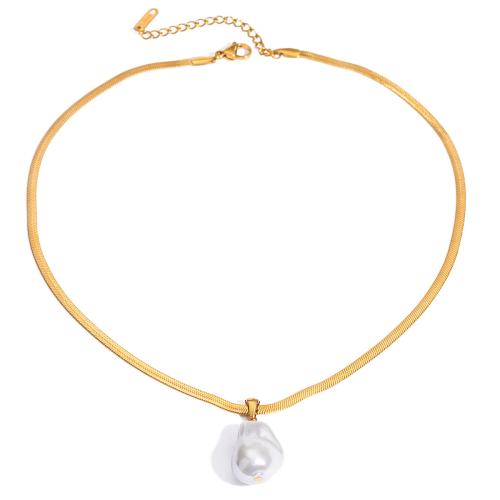 Collar de acero inoxidable de la joyería, acero inoxidable 304, con Perlas plásticas, con 1.96 Inch extender cadena, 18K chapado en oro, para mujer, longitud:15.74 Inch, Vendido por UD