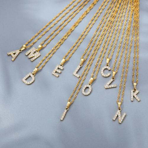 KubikZircon Mikro pflastern Messinghalsketten, Messing, mit Verlängerungskettchen von 5cm, Alphabet-Buchstabe, plattiert, Modeschmuck & Micro pave Zirkonia & für Frau, goldfarben, Länge:40 cm, verkauft von PC