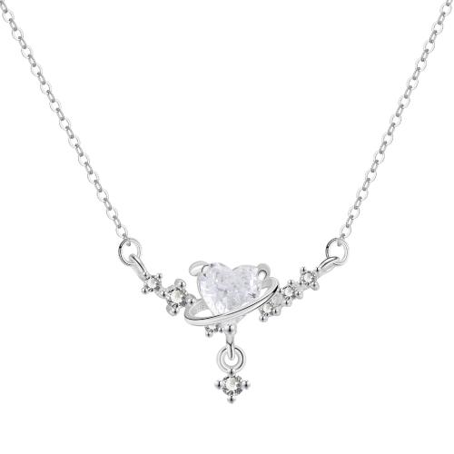 925 Sterling Silver Necklace, with 5CM extender chain, Heart, micro pave cubic zirconia & for woman, silver color, Length:Approx 40 cm, Sold By PC