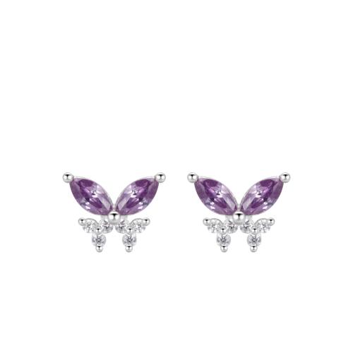 Cubic Zirconia Micro Pave Sterling Silver Earring, 925 Sterling Silver, Butterfly, micro pave cubic zirconia & for woman, silver color, 6x7.40mm, Sold By Pair